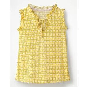BODEN Yellow Blouse Floral Womens 6 Jersey Sleeveless Lara Ruffle Trims Tie